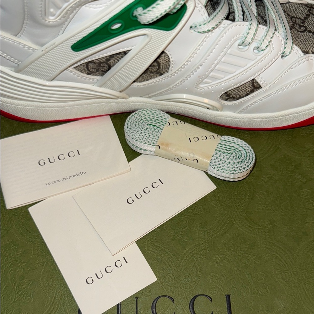 Gucci White and Green High-Top Sneakers with GG Canvas - Picture 9 of 9